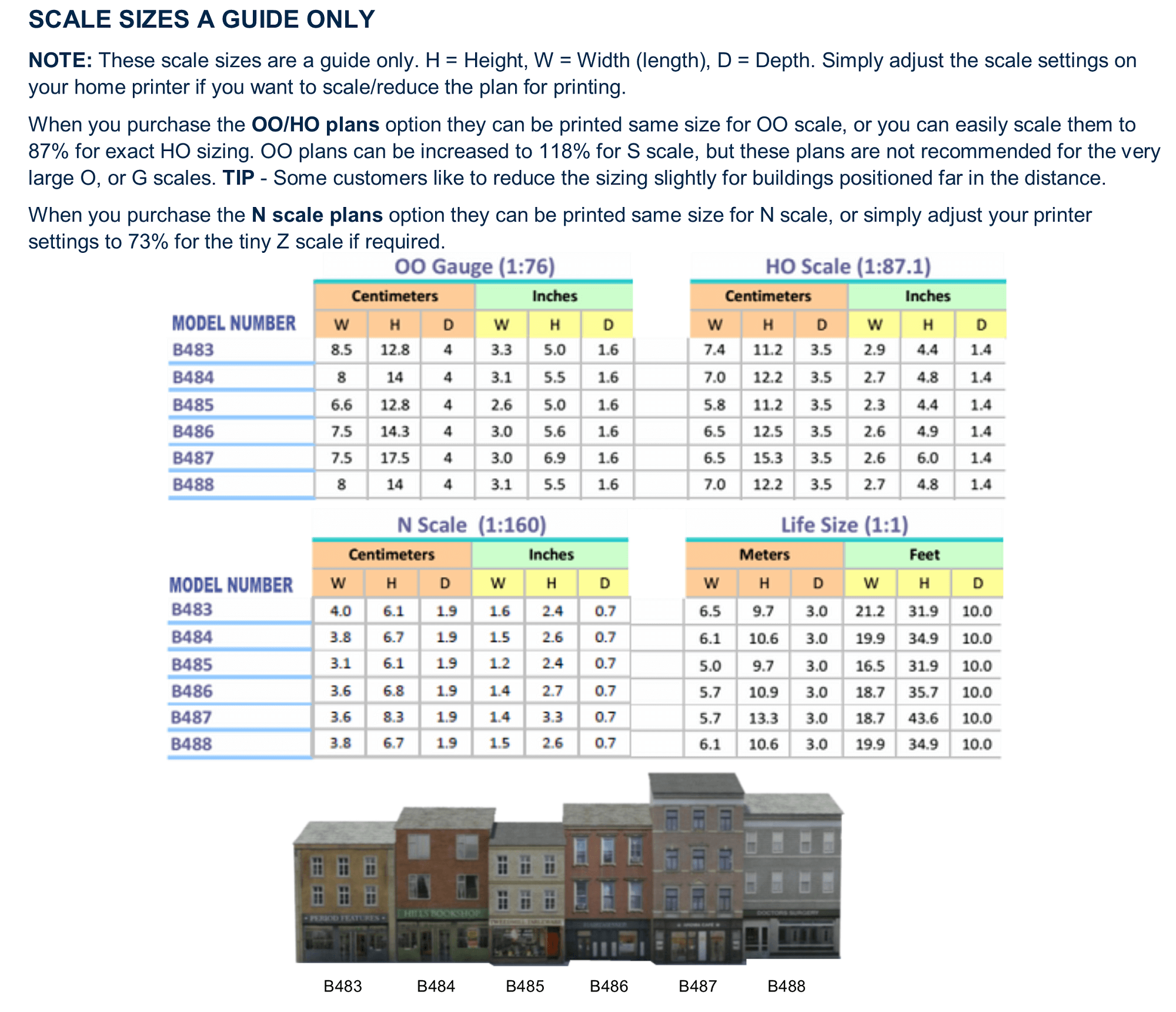 backdrop terraced shops sizing chart OO HO N scale