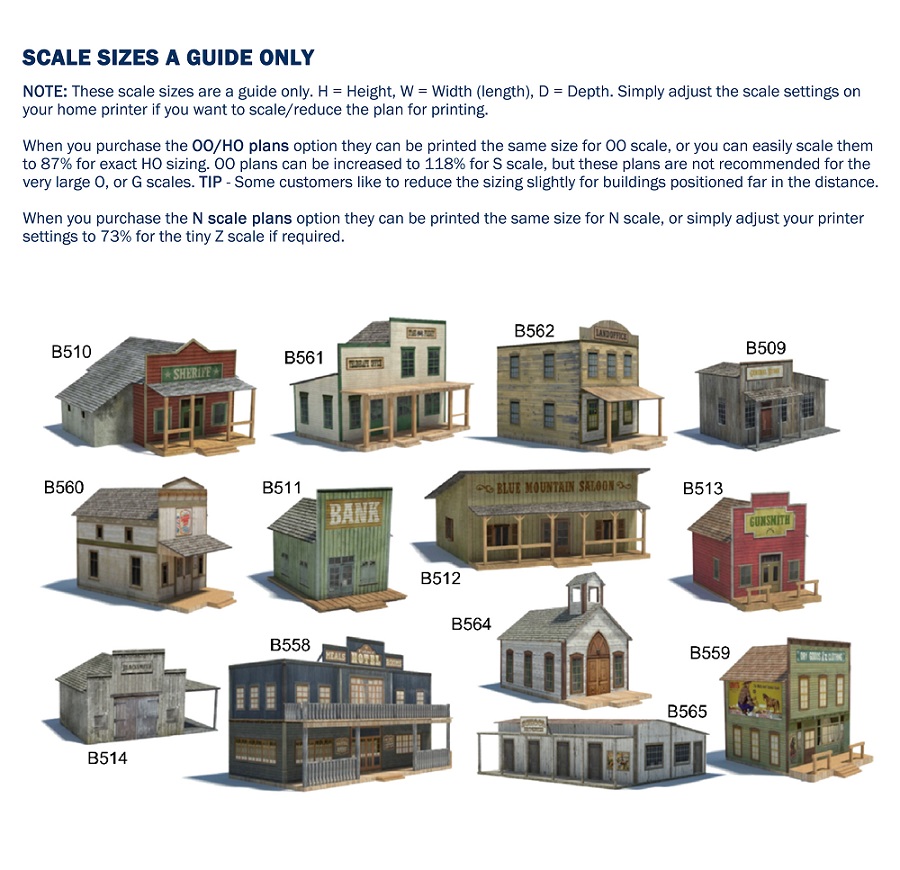 old wild western town structures scale model size charts