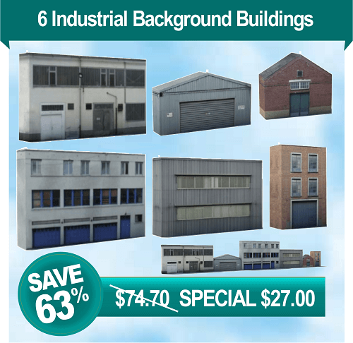 6 HO scale industrial background buildings for railroad industries