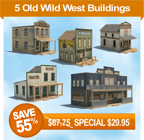 5 printable old wild western town building scale models